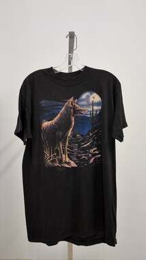 Vintage 1989 3D Emblem Coyote Moon Graphic T-Shirt - Black (Size XL)